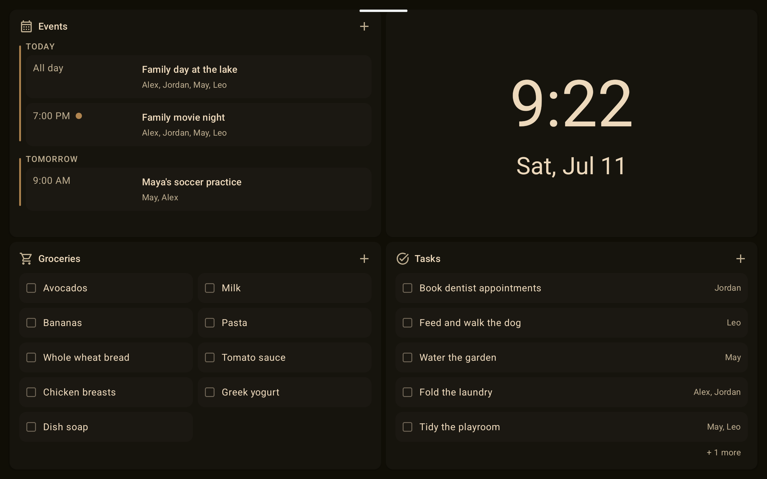 HomeDash dashboard showing household events, time, groceries, and tasks