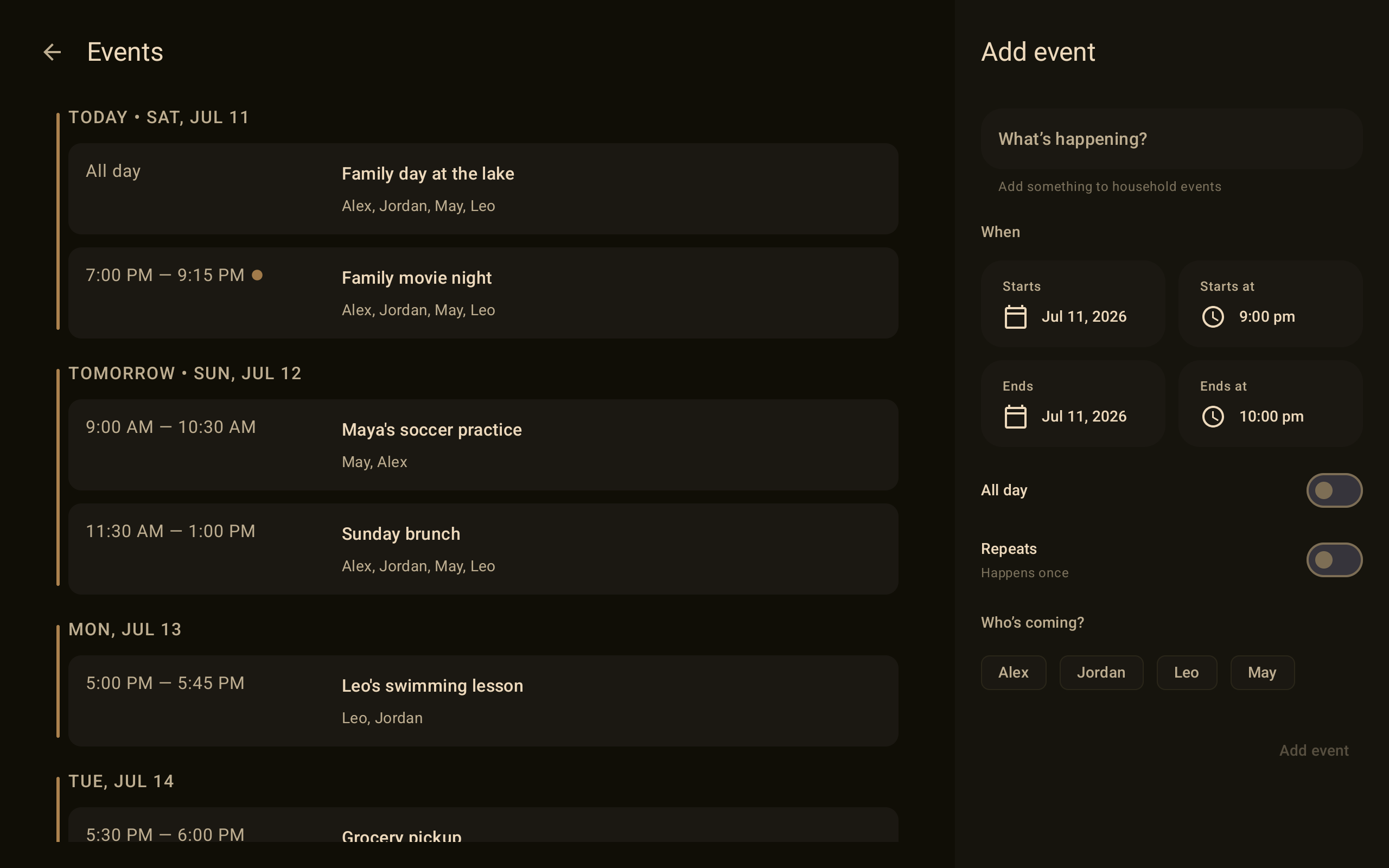 HomeDash events view with the household schedule and add event panel